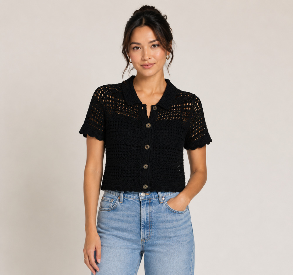 BeachLunchLounge Penny Women XS NWT Black Crochet Knit Cropped Cardigan Cotton